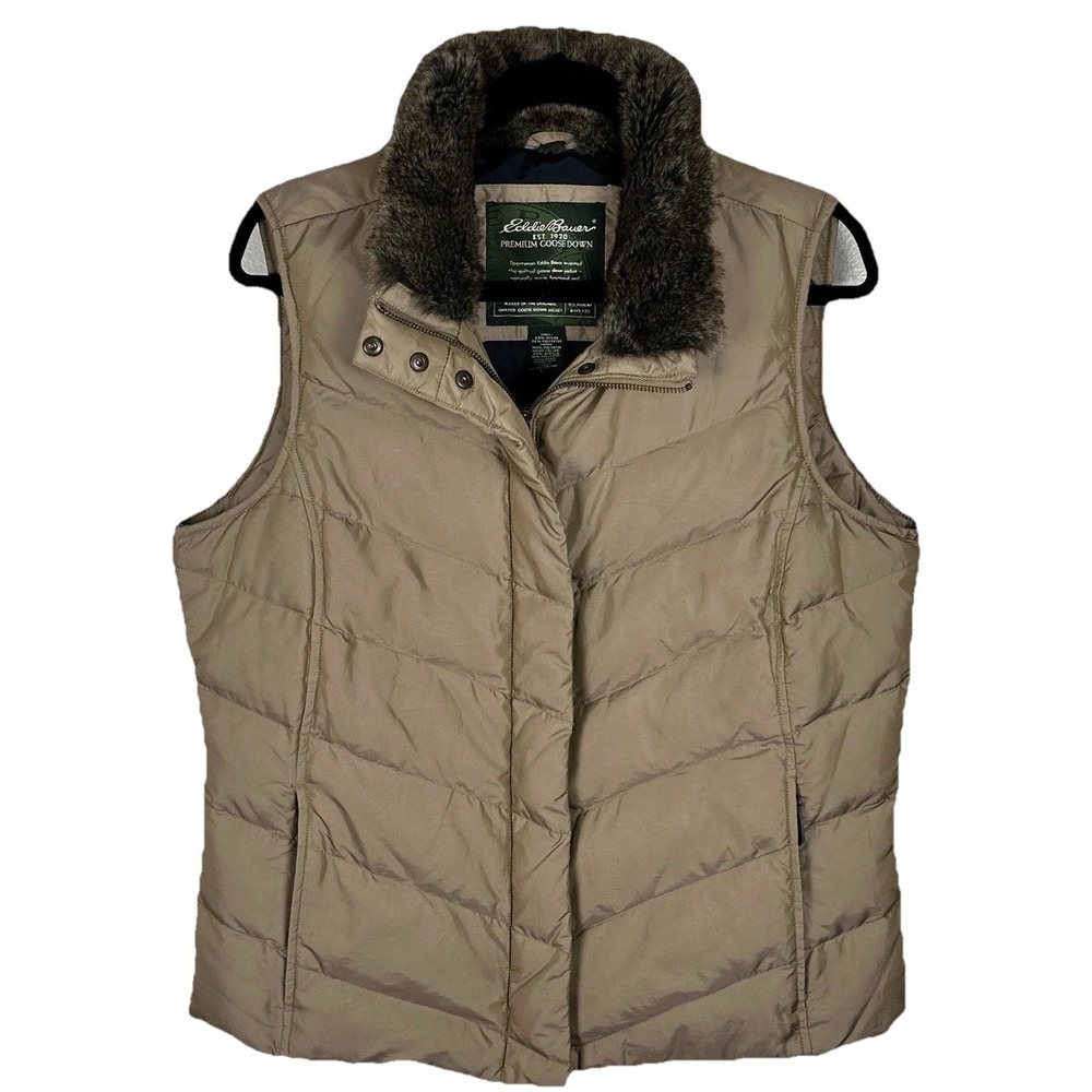 Eddie Bauer Premium Goose Down Puffer Vest Women Large‎ Faux Fur Full Zip Beige